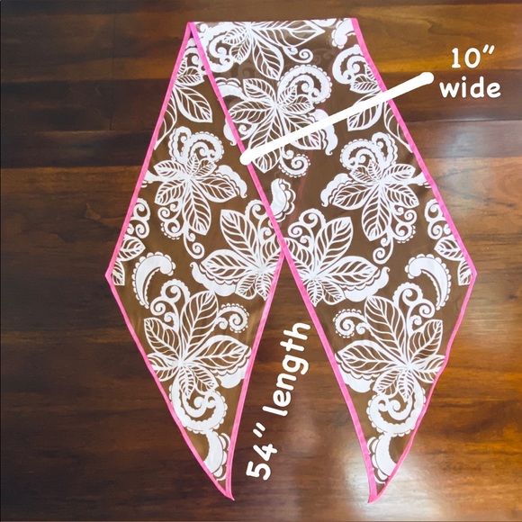 Chiffon Hawaiian White Paisley Print Brown Pink Border Sheer Neck Purse Scarf OS - Picture 10 of 16